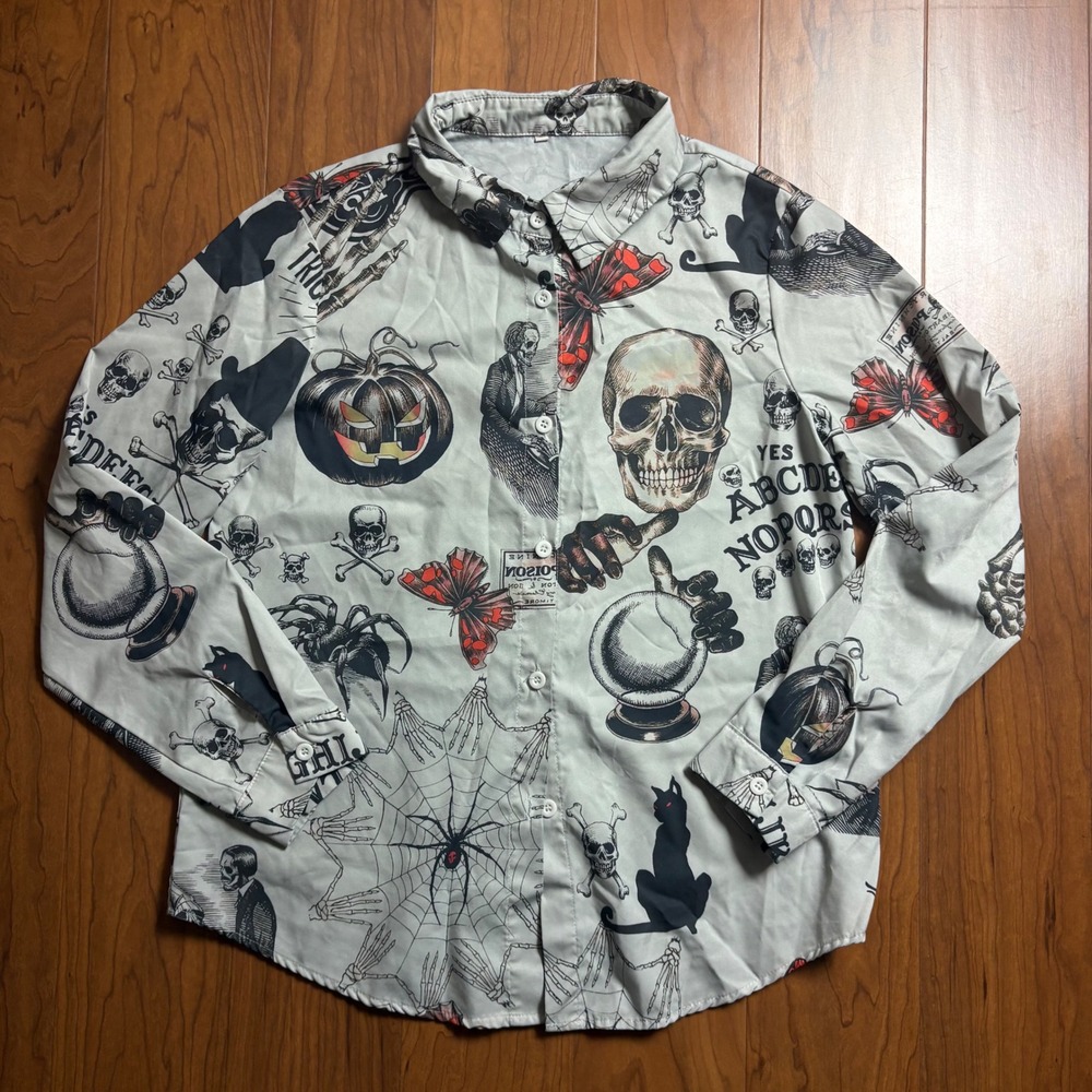 Gothic Halloween Skulls Ouija Board Print Button Down Shirt Grey Small